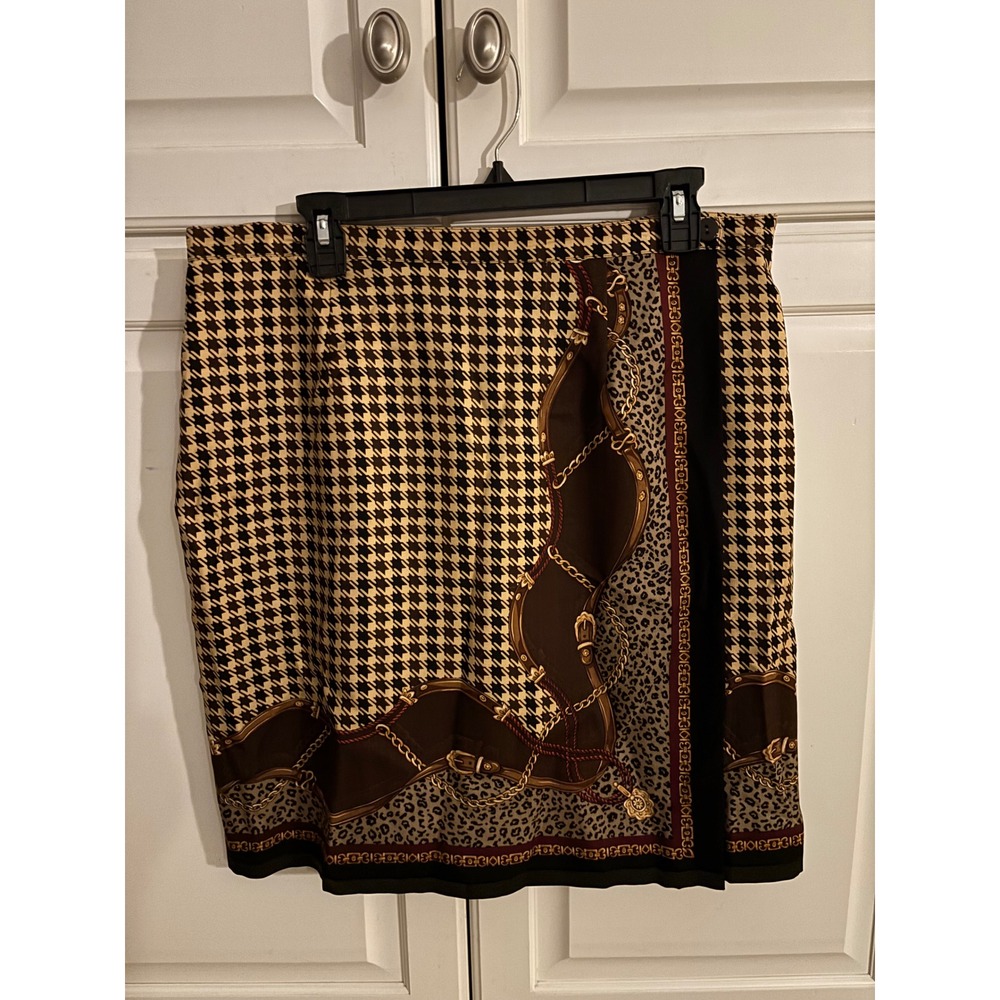Talbots Womens 16 Brown Silk Houndstooth Chain Leopard Print Pencil Skirt - Picture 2 of 8